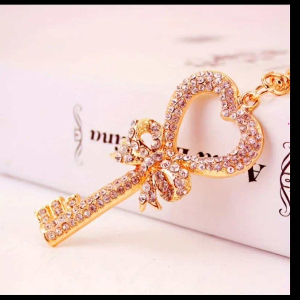 Pastel Pink Skeleton Key With Heart Keychain/Bag Charm with Rhinestones